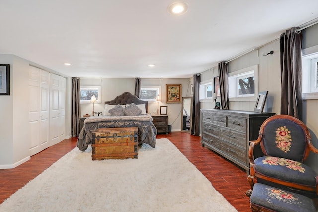 bedroom featuring recessed lighting, baseboards, and dark wood-style floors