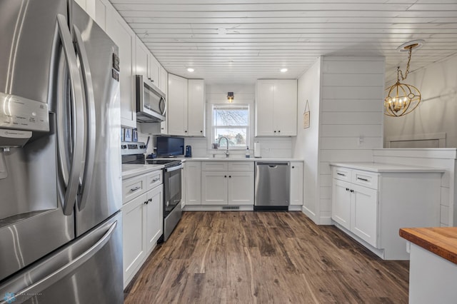 kitchen with a sink, dark wood finished floors, white cabinetry, stainless steel appliances, and wood ceiling