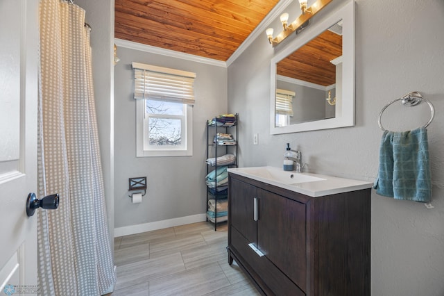 full bath featuring ornamental molding, curtained shower, baseboards, wood ceiling, and vanity