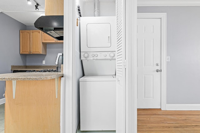 clothes washing area featuring baseboards, laundry area, light wood-style flooring, rail lighting, and stacked washer and clothes dryer