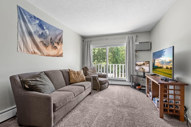 living area featuring a wall mounted AC, a textured ceiling, carpet floors, and a baseboard radiator