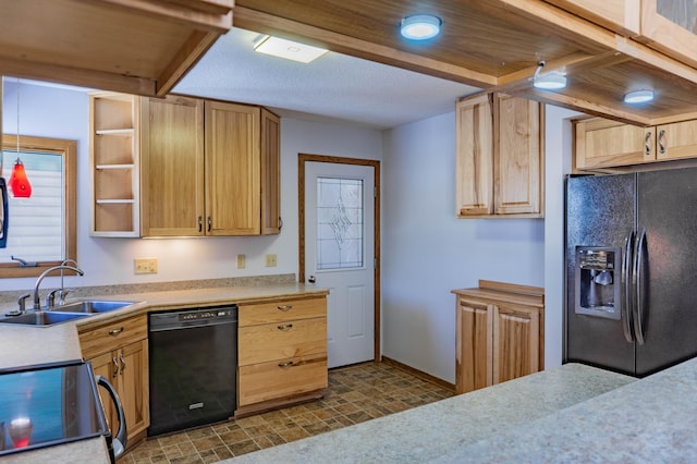 kitchen with black appliances, light brown cabinets, a sink, open shelves, and light countertops