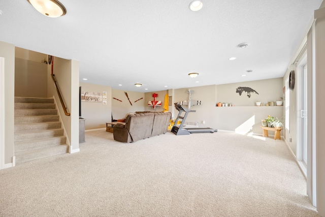 recreation room featuring recessed lighting, carpet, and baseboards