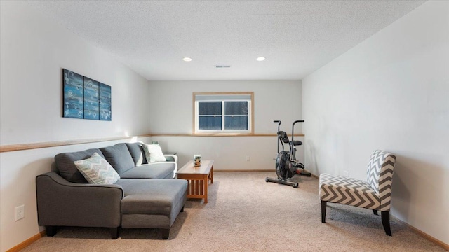 living area featuring baseboards, light carpet, and a textured ceiling