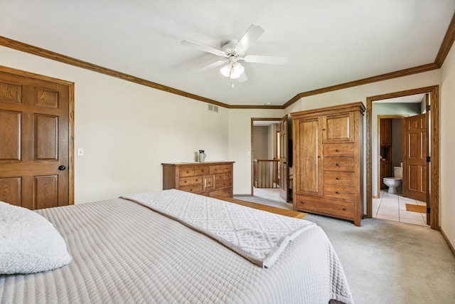 2415 Field Ct, Saint Cloud, MN 56301 - bedroom with light carpet, baseboards, ensuite bath, a ceiling fan, and crown molding
