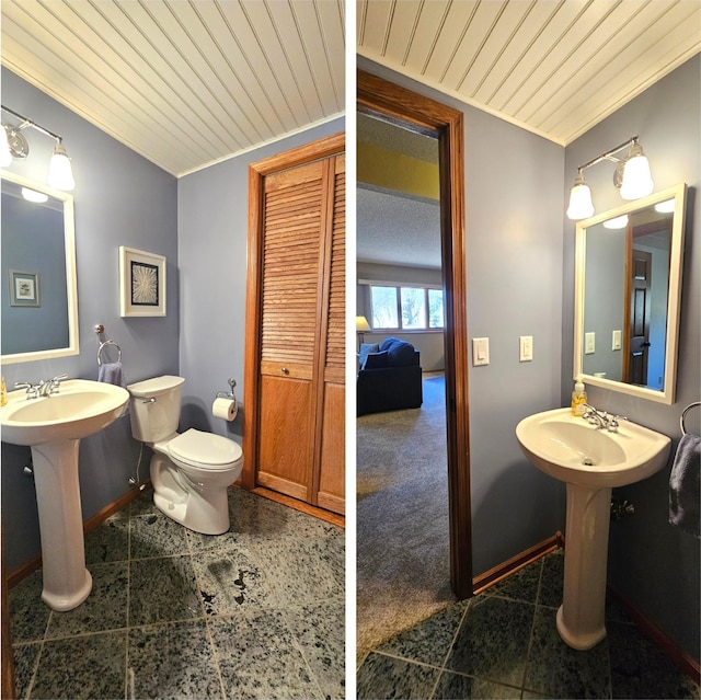 bathroom with tile patterned flooring, crown molding, baseboards, toilet, and wooden ceiling