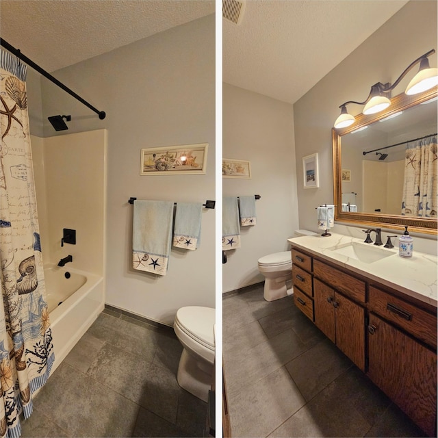 bathroom featuring visible vents, shower / bathtub combination with curtain, toilet, a textured ceiling, and vanity