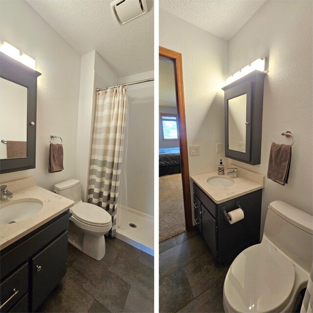 bathroom featuring curtained shower, a textured ceiling, toilet, and a sink