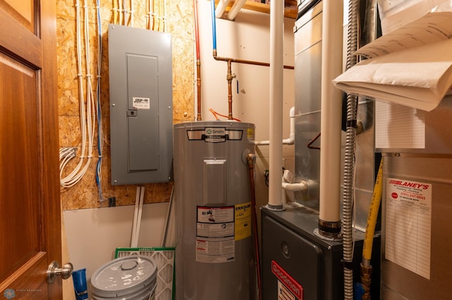 utility room featuring electric panel and water heater