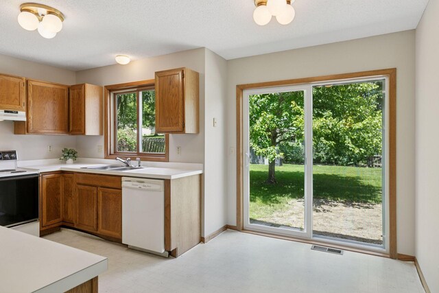 18884 Pennington Ave, Eden Prairie, MN 55346 - kitchen with white appliances, under cabinet range hood, plenty of natural light, and light countertops