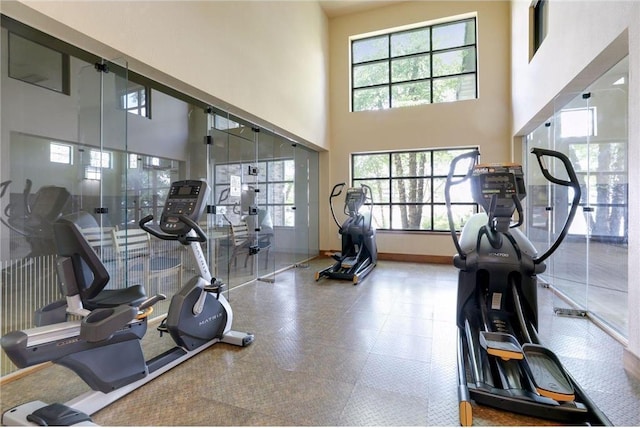 exercise room featuring baseboards, a high ceiling, and a healthy amount of sunlight