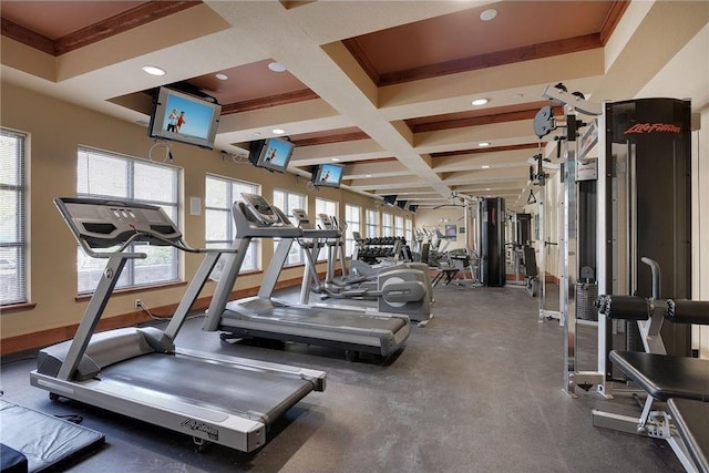 workout area with recessed lighting, coffered ceiling, crown molding, and baseboards