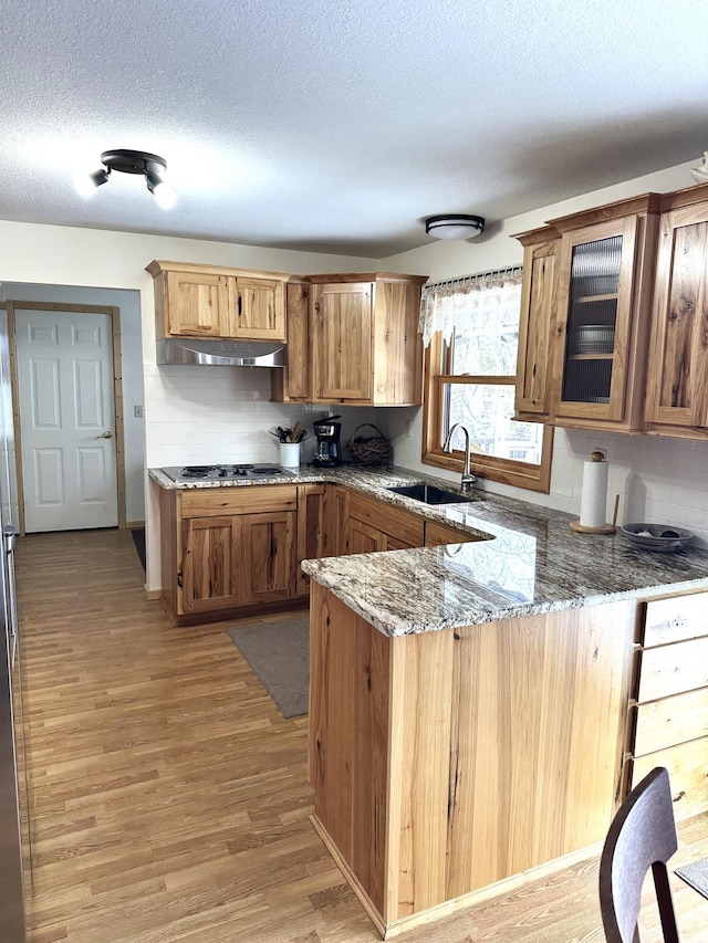 1421 Riverside Dr NW, Baudette, MN 56623 - kitchen with a peninsula, light wood-type flooring, light stone countertops, a textured ceiling, and cooktop