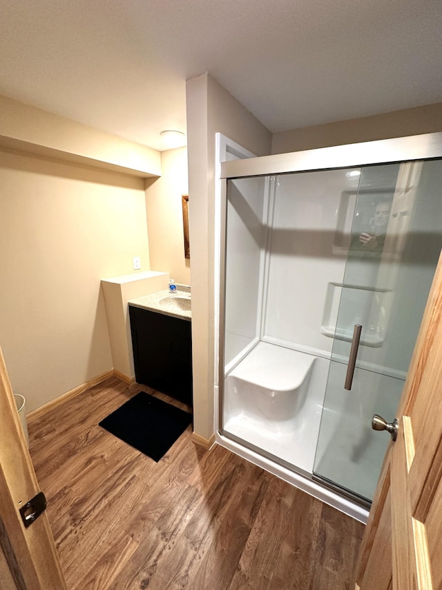 1421 Riverside Dr NW, Baudette, MN 56623 - full bath featuring wood finished floors, vanity, and a stall shower
