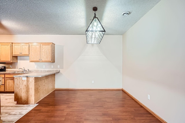 16786 Embers Ave, Lakeville, MN 55024 - kitchen featuring a peninsula, a textured ceiling, a sink, light countertops, and wood finished floors