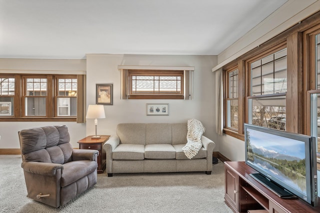 carpeted living area with baseboards