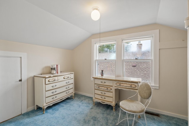 home office with vaulted ceiling, baseboards, and visible vents