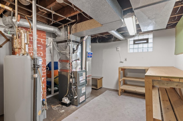 basement featuring water heater and heating unit