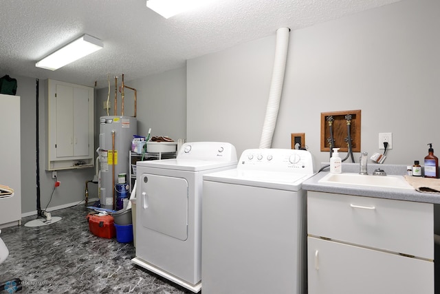 laundry room with a textured ceiling, washer and clothes dryer, and electric water heater