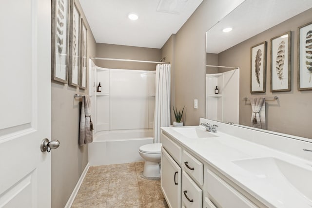 full bath with a sink, toilet, shower / bath combo, and double vanity