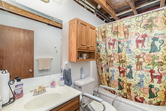 bathroom featuring shower / bath combination with curtain, vanity, and toilet