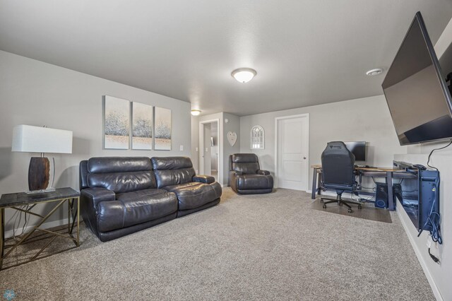 living area with carpet flooring and baseboards