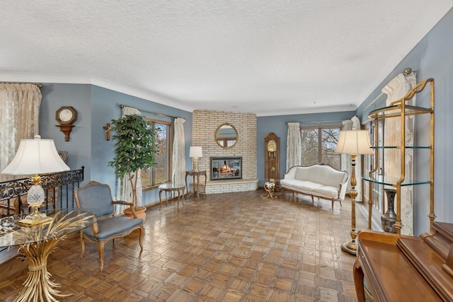 interior space featuring a fireplace, a textured ceiling, and baseboards