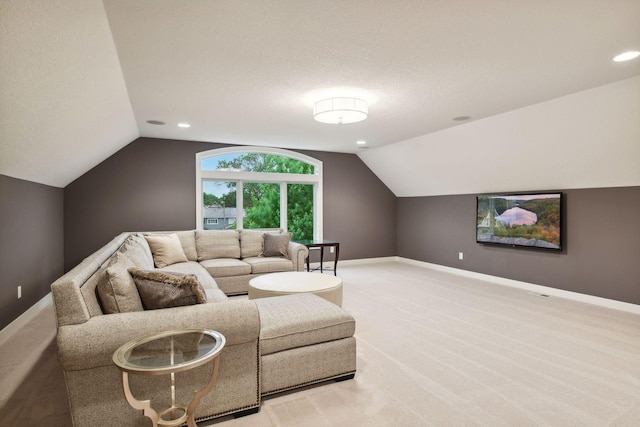 5613 Abbott Ave S, Edina, MN 55410 - living room featuring vaulted ceiling, baseboards, light colored carpet, and recessed lighting