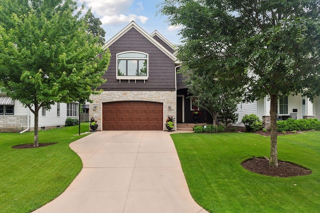 5613 Abbott Ave S, Edina, MN 55410 - craftsman-style home with a garage, concrete driveway, a front yard, and stone siding