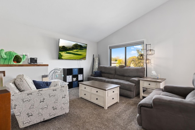 living room with vaulted ceiling and dark carpet