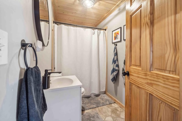 bathroom featuring toilet, wood ceiling, vanity, and a shower with curtain