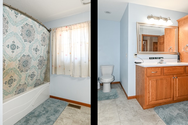 full bath featuring visible vents, baseboards, shower / bath combo with shower curtain, toilet, and vanity