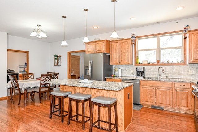 kitchen featuring light wood-style flooring, a sink, backsplash, a center island, and appliances with stainless steel finishes