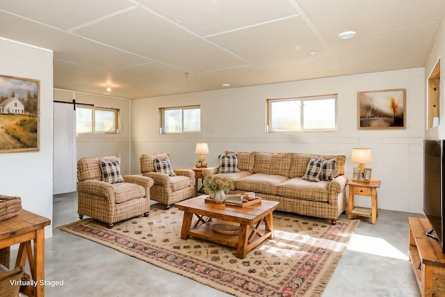 living area with a wealth of natural light, a barn door, and finished concrete floors