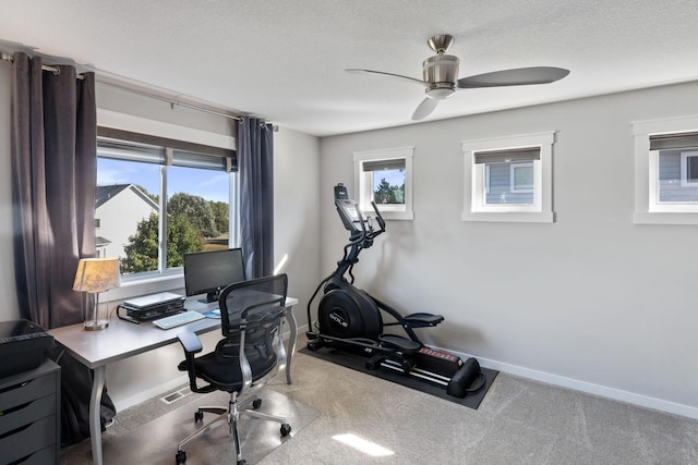 office space featuring visible vents, a textured ceiling, baseboards, and carpet floors