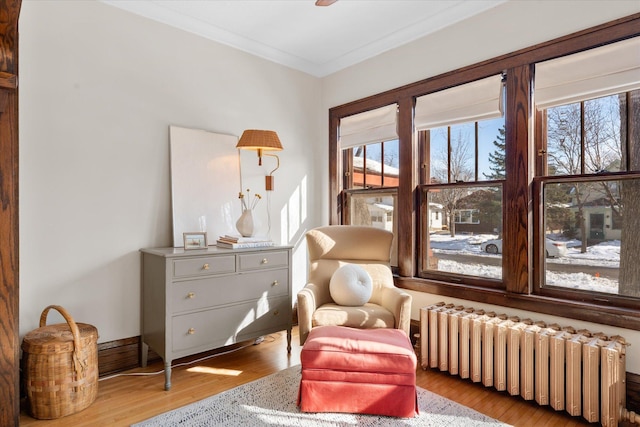 sitting room with wood finished floors, radiator heating unit, and ornamental molding