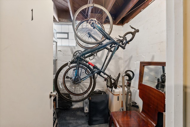 interior space with concrete block wall and bike storage