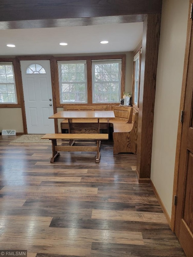 dining room featuring recessed lighting, visible vents, baseboards, and wood finished floors