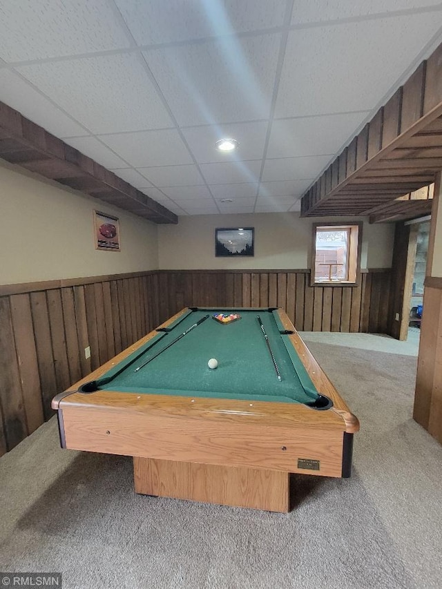 playroom featuring wooden walls, wainscoting, and carpet