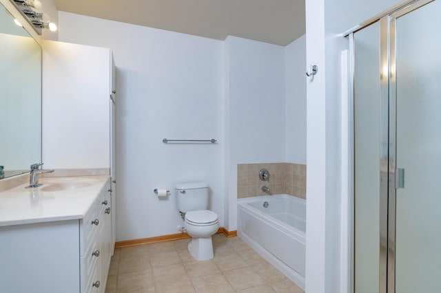 full bathroom with vanity, a bath, tile patterned flooring, a shower stall, and toilet