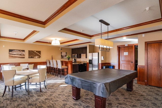 recreation room featuring beam ceiling, ornamental molding, coffered ceiling, pool table, and wainscoting