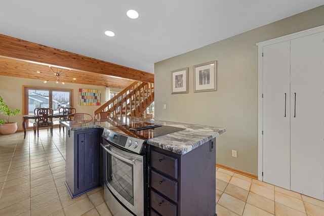 kitchen featuring light tile patterned floors, baseboards, beam ceiling, recessed lighting, and stainless steel range with electric stovetop