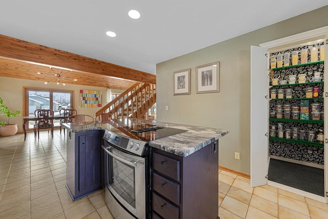 kitchen with a center island, stainless steel electric stove, beam ceiling, light tile patterned floors, and recessed lighting