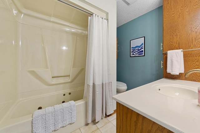 full bathroom with tile patterned flooring, a textured ceiling, vanity, and shower / bathtub combination with curtain