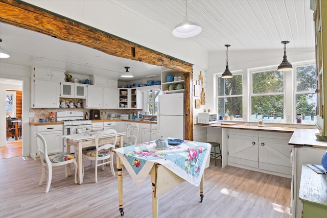 dining room featuring lofted ceiling with beams, wooden ceiling, and light wood finished floors