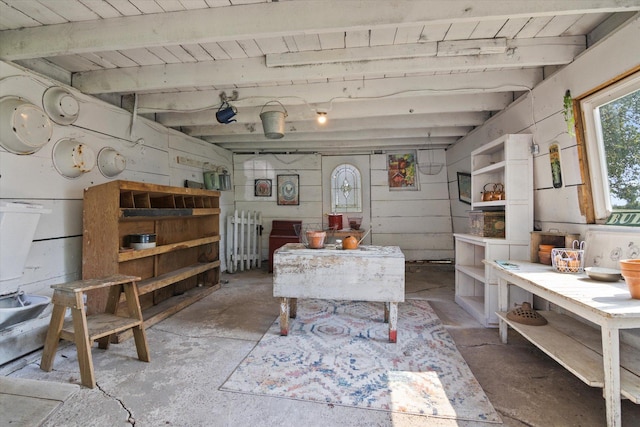 miscellaneous room with beam ceiling and wooden ceiling