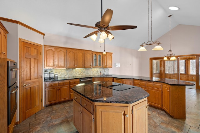 kitchen with a sink, tasteful backsplash, a kitchen island, a peninsula, and black electric cooktop