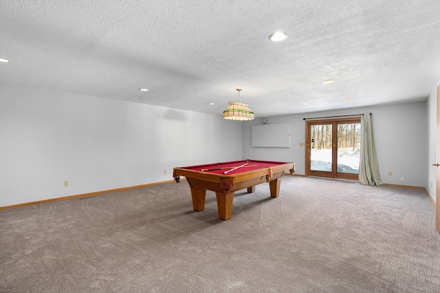 recreation room with recessed lighting, billiards, baseboards, and carpet floors