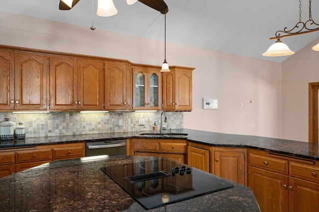 kitchen featuring a sink, black electric cooktop, brown cabinets, and stainless steel dishwasher