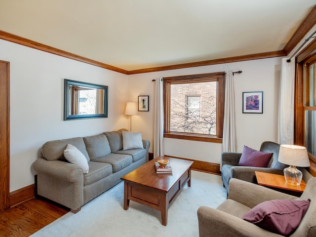 living room with crown molding, baseboards, and light wood finished floors